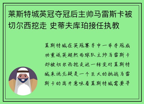 莱斯特城英冠夺冠后主帅马雷斯卡被切尔西挖走 史蒂夫库珀接任执教 莱斯特城英冠夺冠后主帅马雷斯卡被切尔西挖走 史蒂夫库珀接任执教